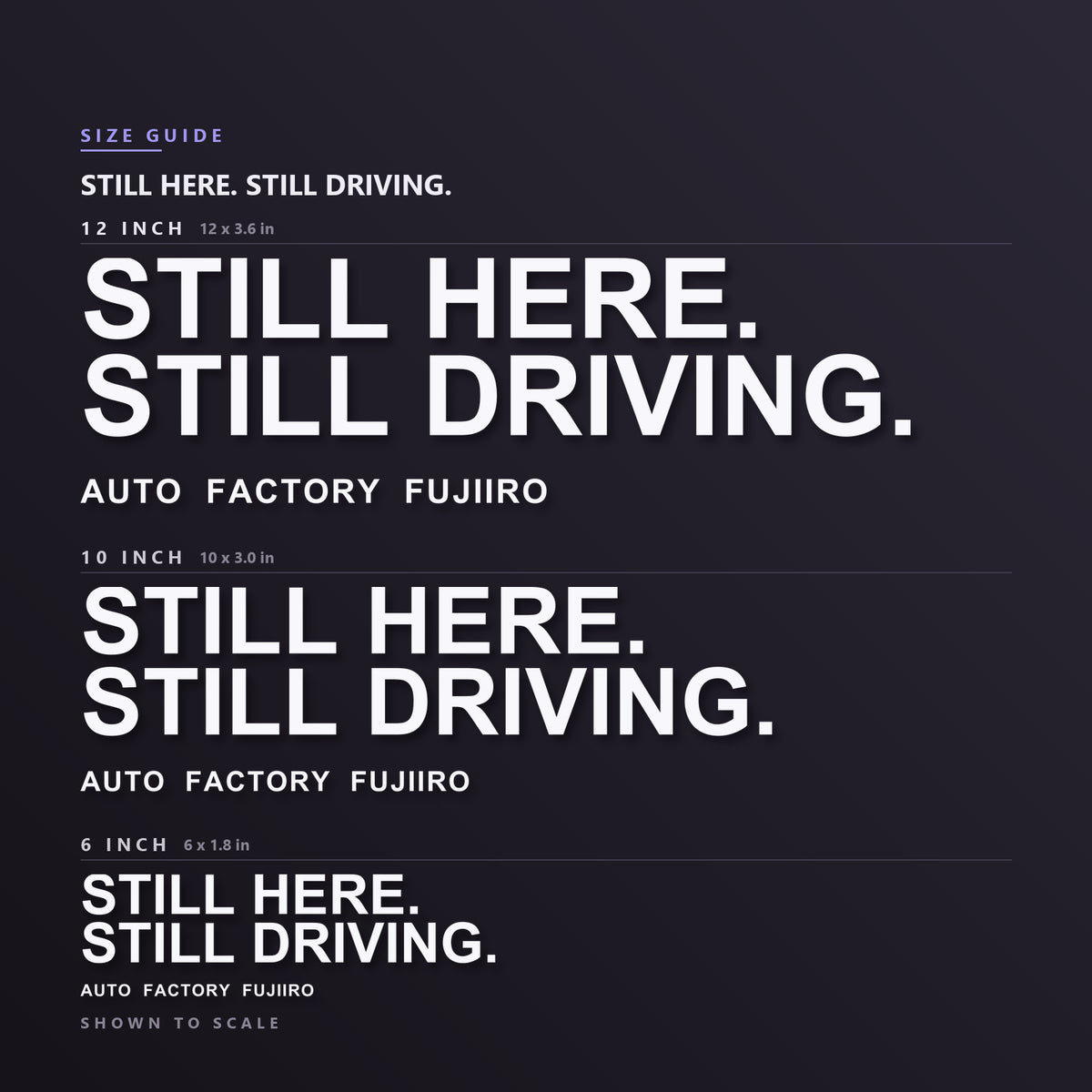 STILL HERE. STILL DRIVING. decal size guide — 6, 10 and 12 inch shown to scale