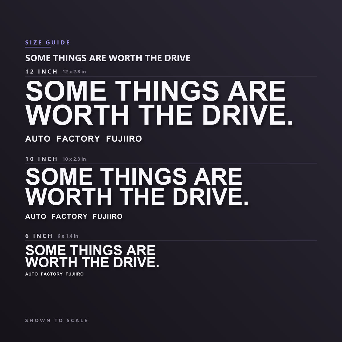 SOME THINGS ARE WORTH THE DRIVE. decal size guide — 6, 10 and 12 inch shown to scale