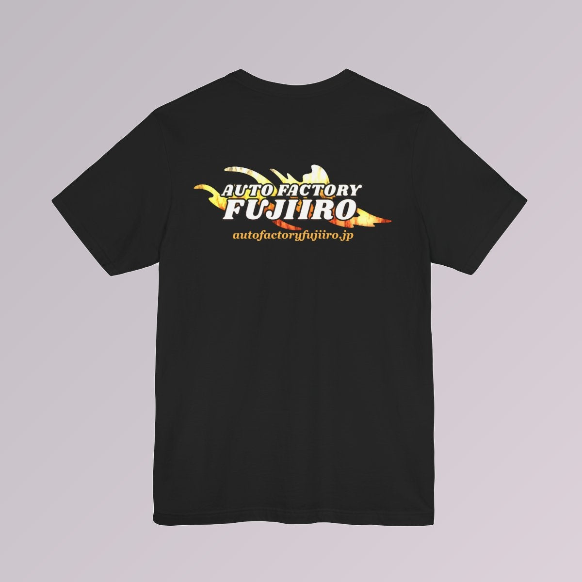 Back of the black Fujiiro logo tee with the splash in flame and autofactoryfujiiro.jp beneath