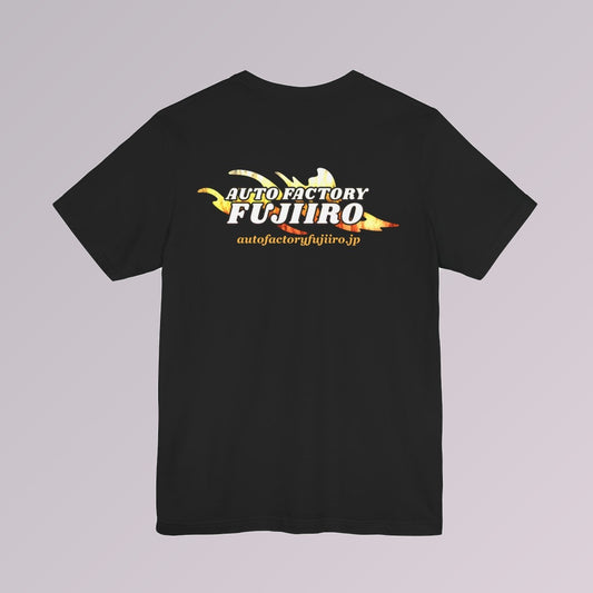 Back of the black Fujiiro logo tee with the splash in flame and autofactoryfujiiro.jp beneath