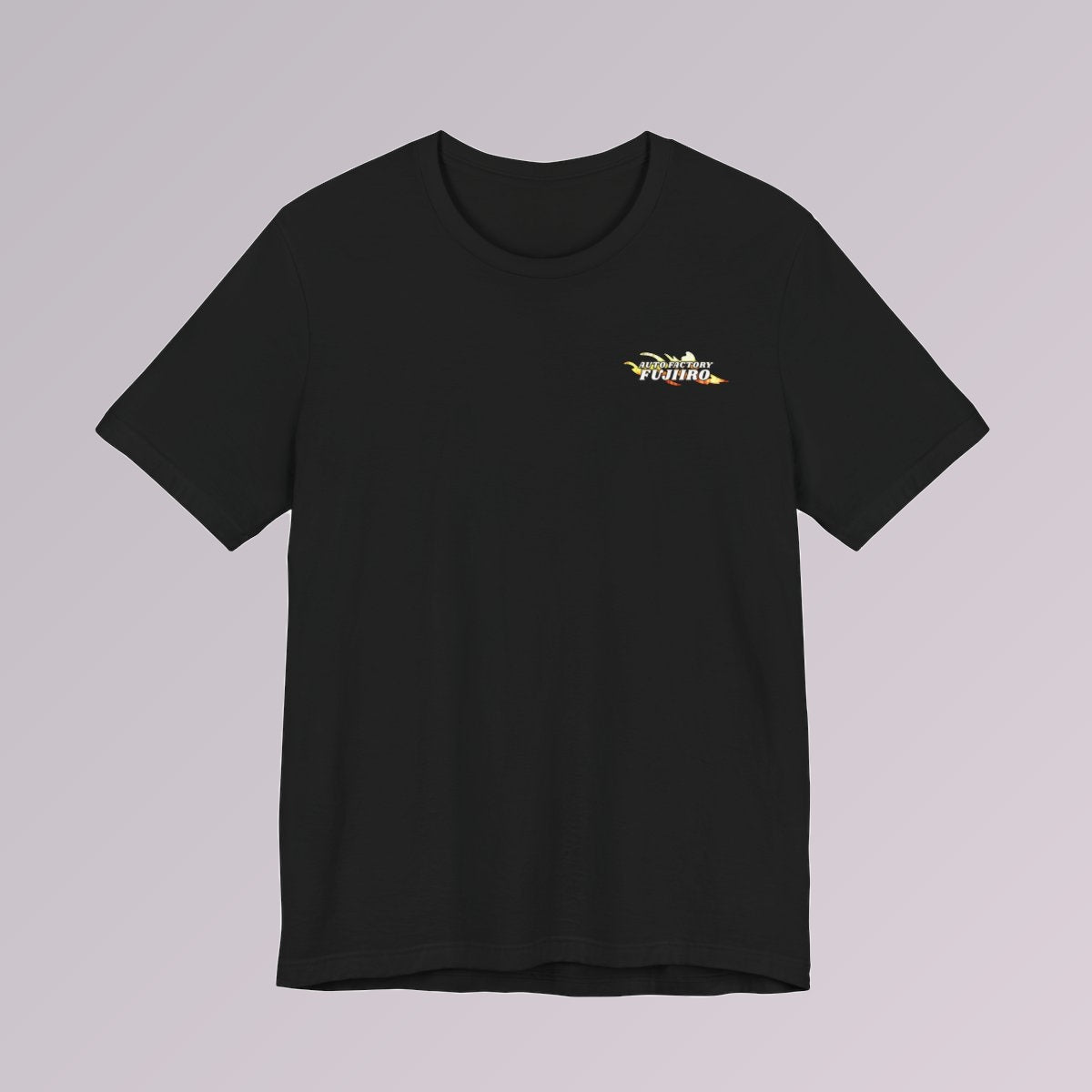 Chest logo on the black Fujiiro tee with the splash in flame