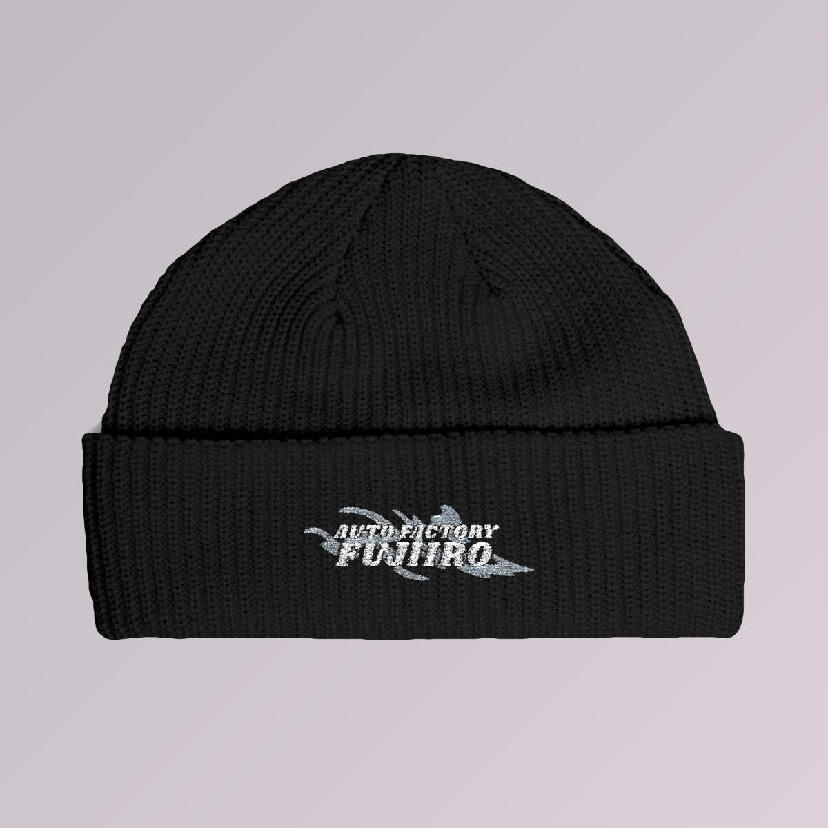 Black — Fujiiro embroidered fisherman beanie, front view, Fujiiro logo embroidered on the fold