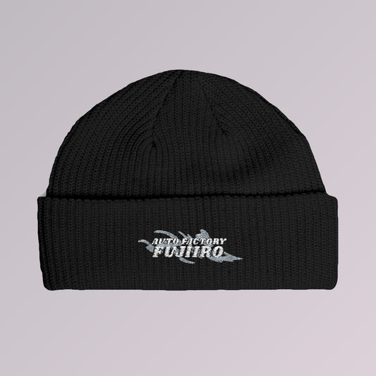 Black — Fujiiro embroidered fisherman beanie, front view, Fujiiro logo embroidered on the fold