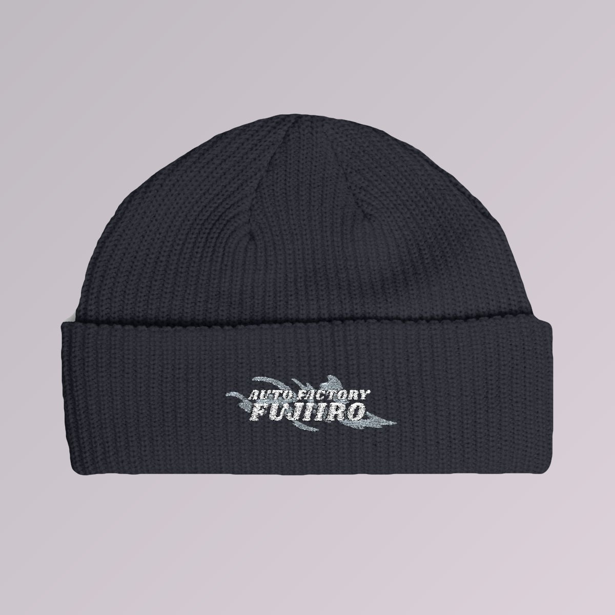 Navy — Fujiiro embroidered fisherman beanie, front view, Fujiiro logo embroidered on the fold