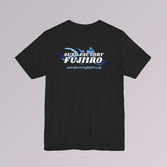Back of the black Fujiiro logo tee with the splash in lightning and autofactoryfujiiro.jp beneath