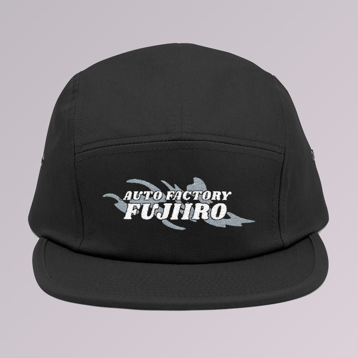 Black — Fujiiro five-panel logo cap, front view, Fujiiro logo embroidered across the front panel