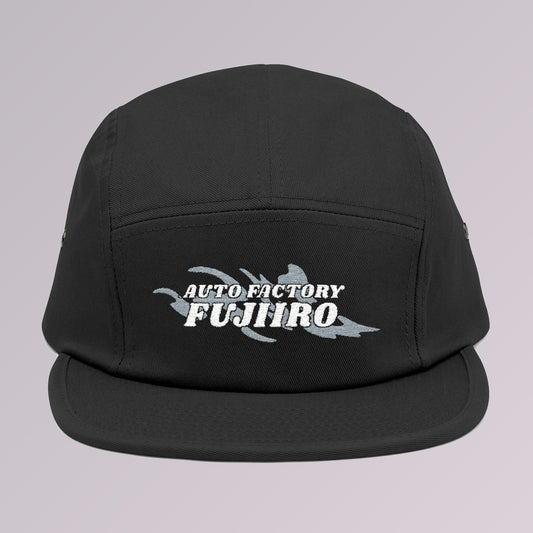 Black — Fujiiro five-panel logo cap, front view, Fujiiro logo embroidered across the front panel