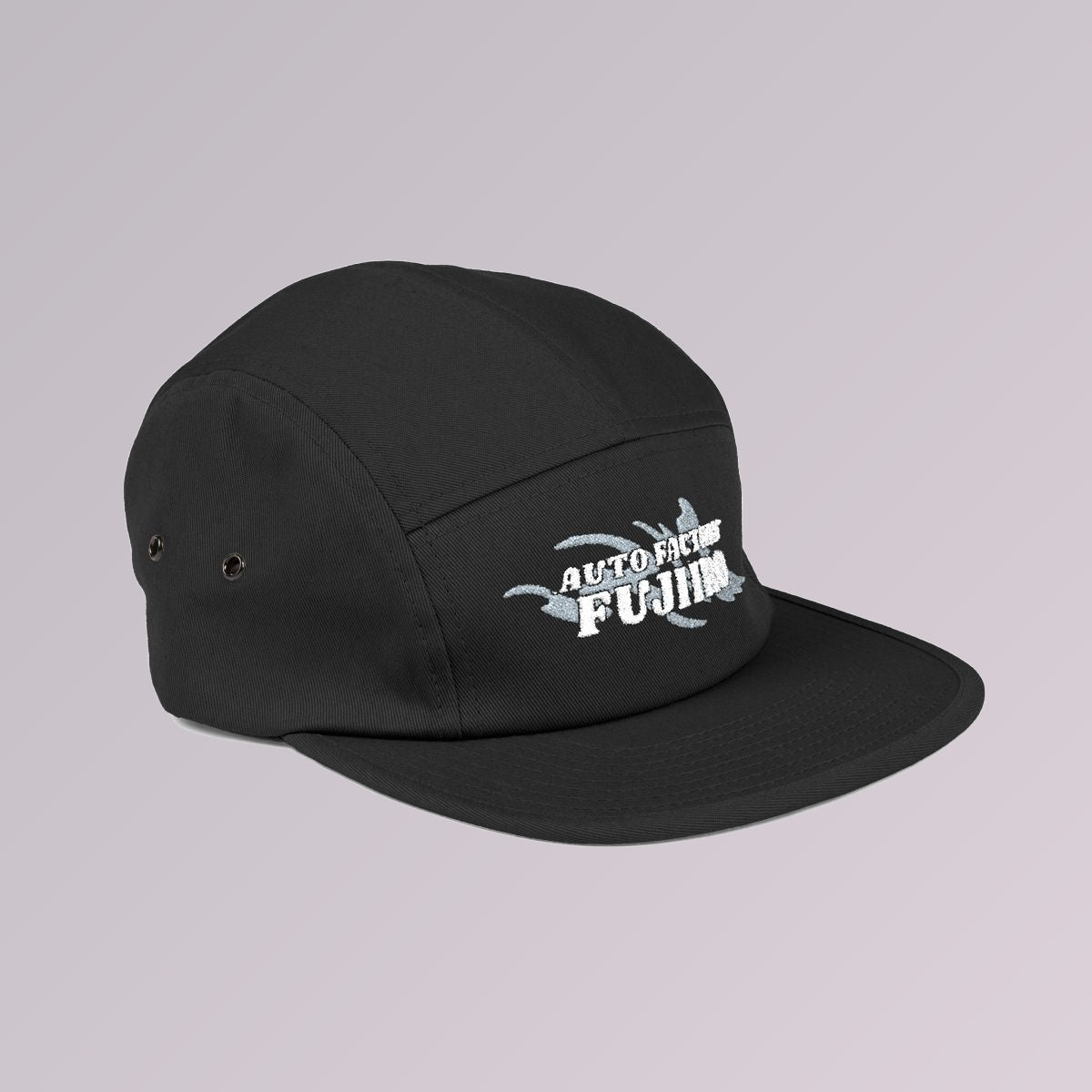 Black — Fujiiro five-panel logo cap, side profile showing the flat brim and five-panel crown
