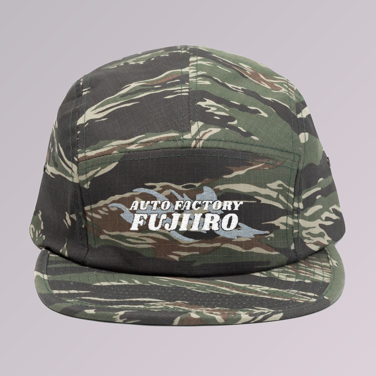 Green Camo — Fujiiro five-panel logo cap, front view, Fujiiro logo embroidered across the front panel