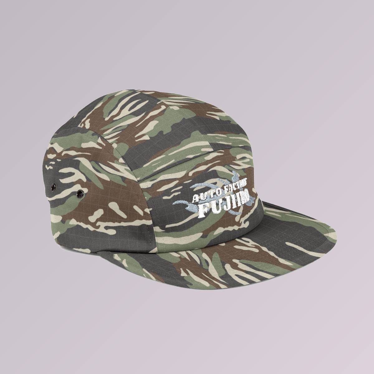 Green Camo — Fujiiro five-panel logo cap, side profile showing the flat brim and five-panel crown