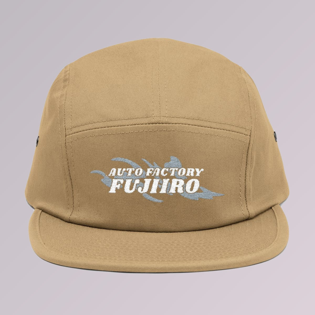 Khaki — Fujiiro five-panel logo cap, front view, Fujiiro logo embroidered across the front panel