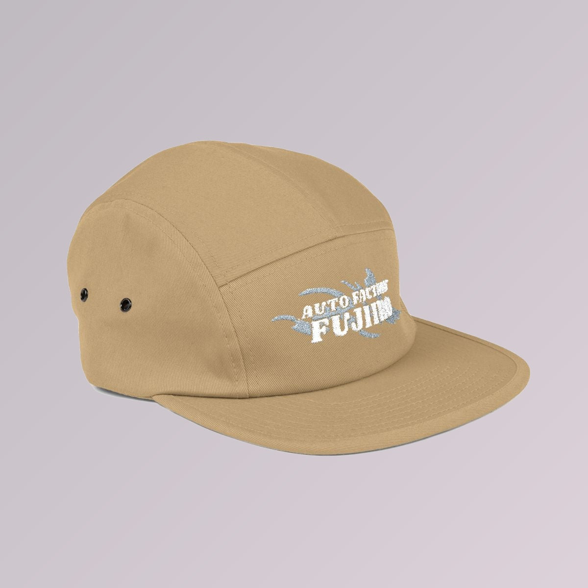 Khaki — Fujiiro five-panel logo cap, side profile showing the flat brim and five-panel crown