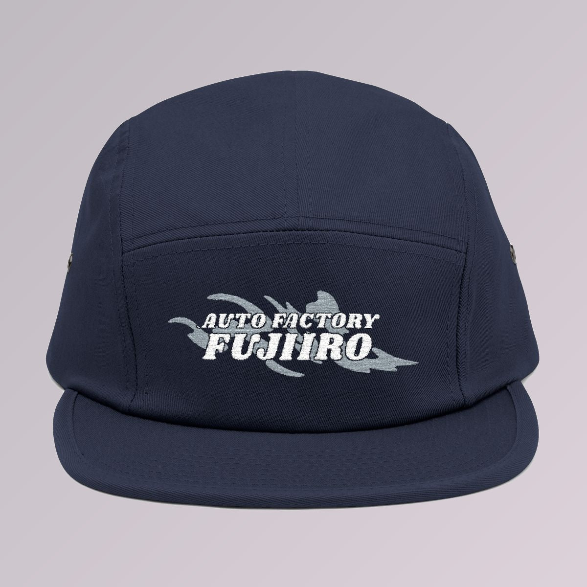 Navy — Fujiiro five-panel logo cap, front view, Fujiiro logo embroidered across the front panel