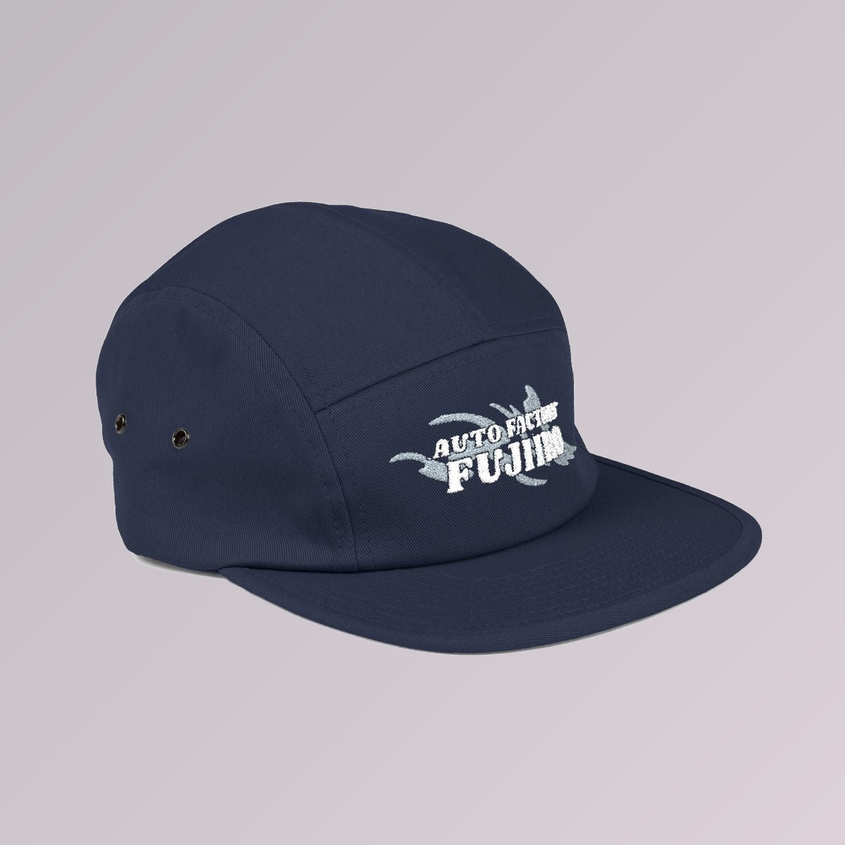 Navy — Fujiiro five-panel logo cap, side profile showing the flat brim and five-panel crown