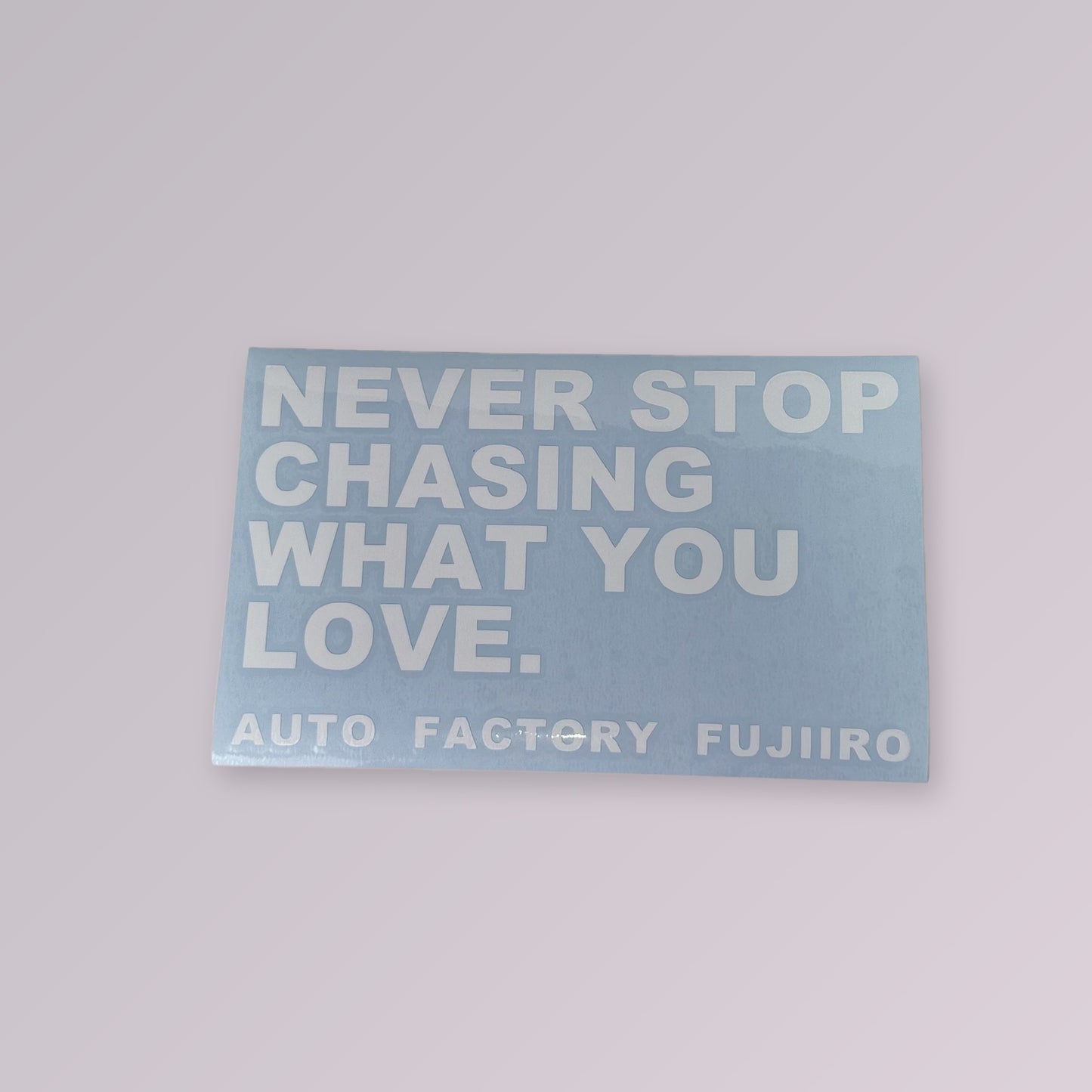 NEVER STOP CHASING WHAT YOU LOVE die-cut vinyl decal on its transfer sheet