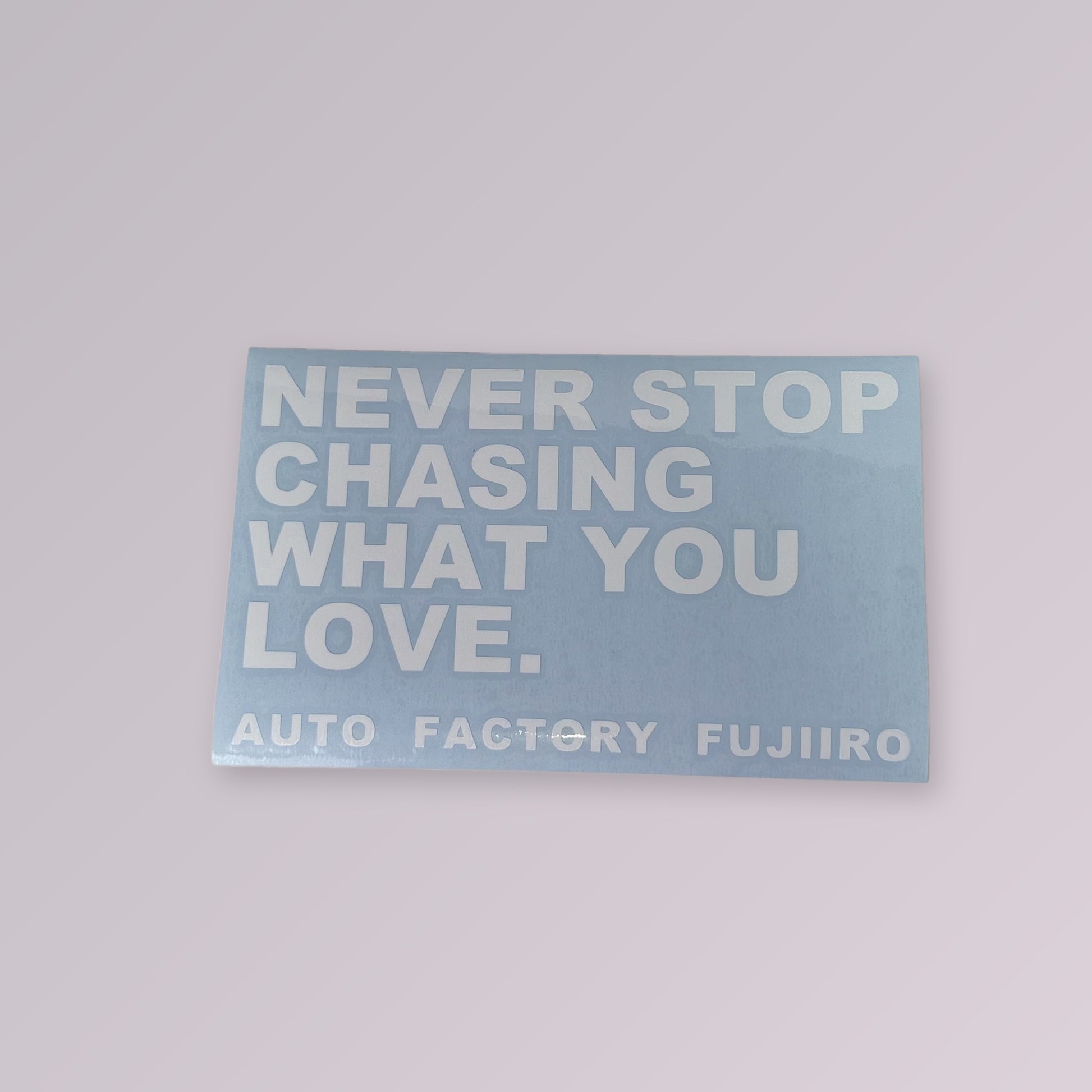 NEVER STOP CHASING WHAT YOU LOVE die-cut vinyl decal on its transfer sheet