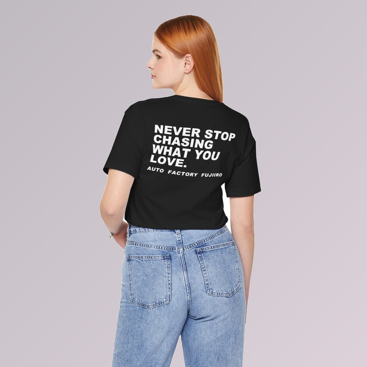 Black — back print worn, three-quarter view