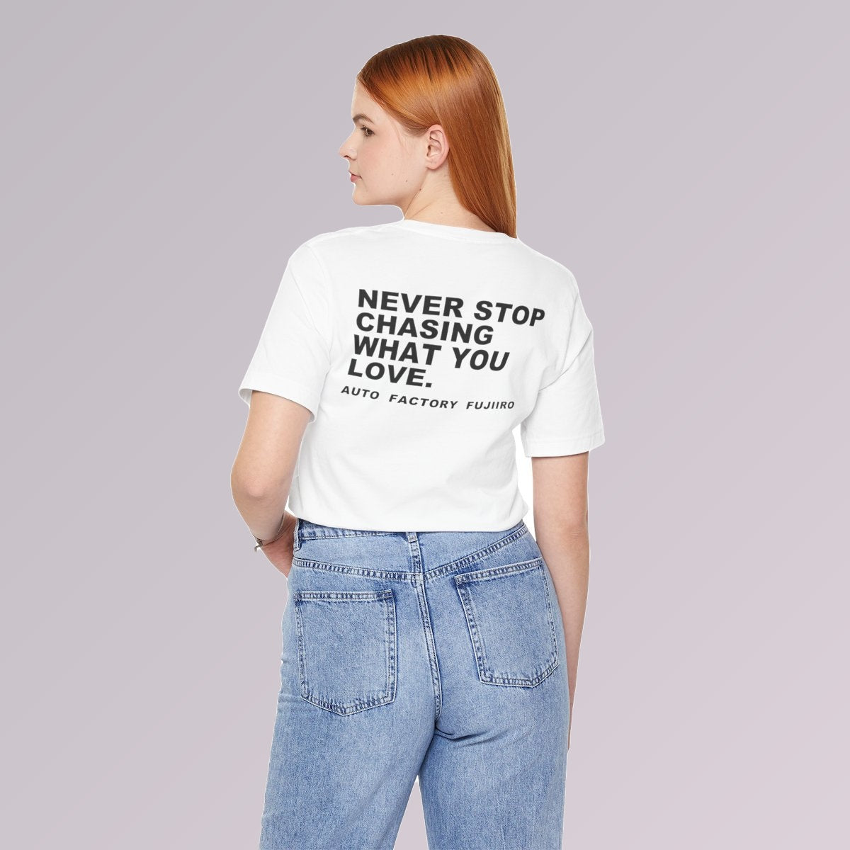 White — back print worn, three-quarter view