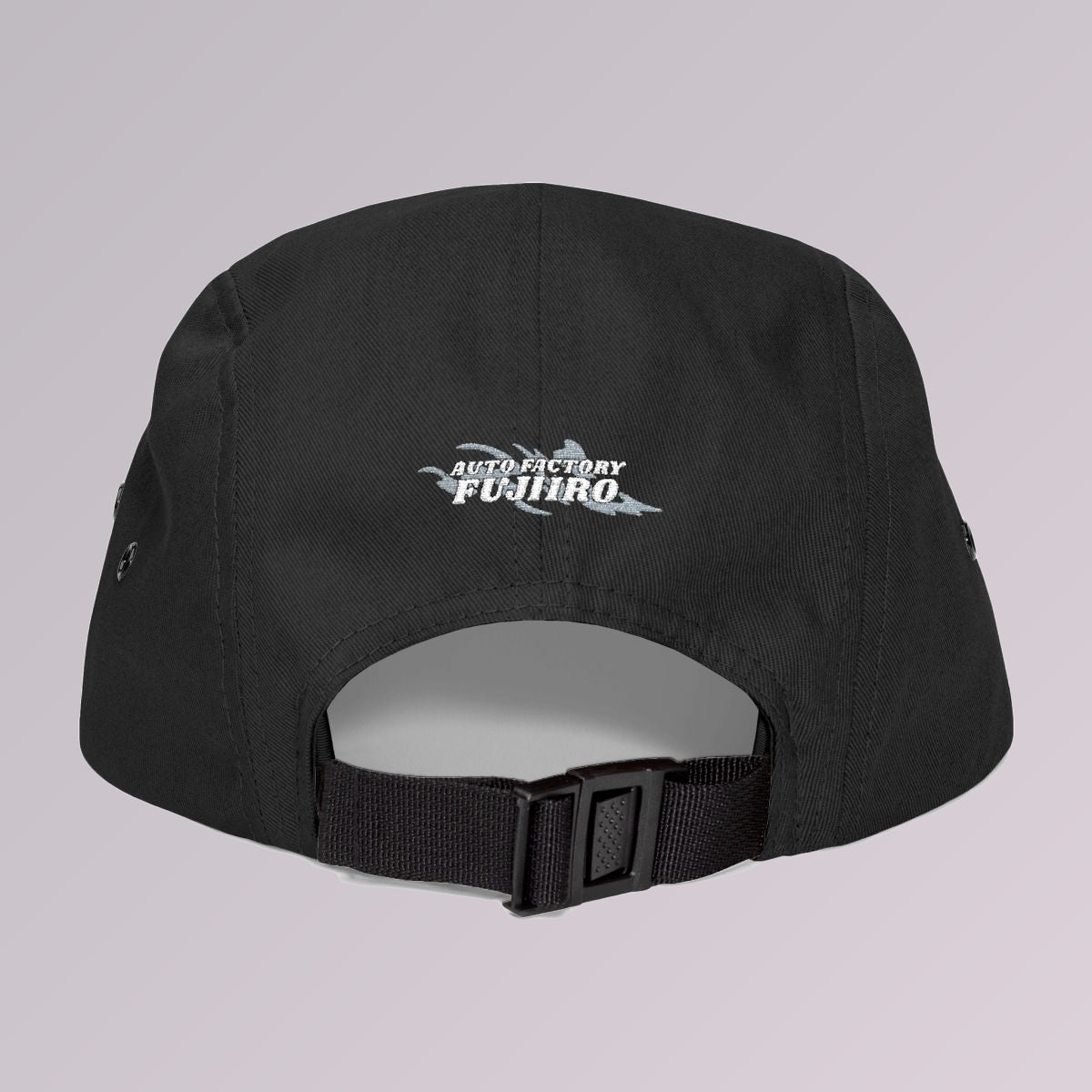 Black — NEVER STOP CHASING WHAT YOU LOVE five-panel cap, back of the cap, Auto Factory Fujiiro splash logo embroidered
