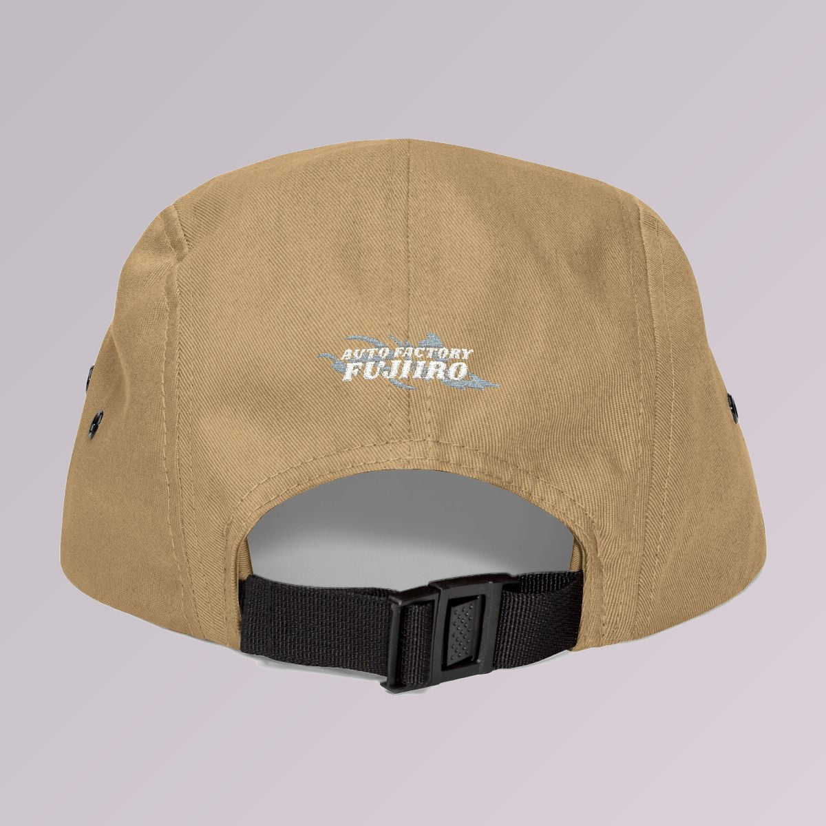 Khaki — NEVER STOP CHASING WHAT YOU LOVE five-panel cap, back of the cap, Auto Factory Fujiiro splash logo embroidered