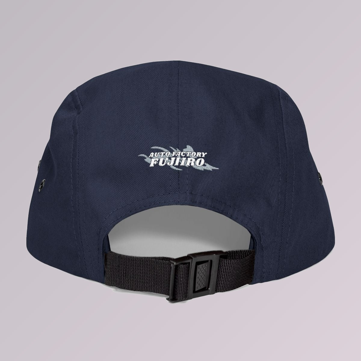 Navy — NEVER STOP CHASING WHAT YOU LOVE five-panel cap, back of the cap, Auto Factory Fujiiro splash logo embroidered